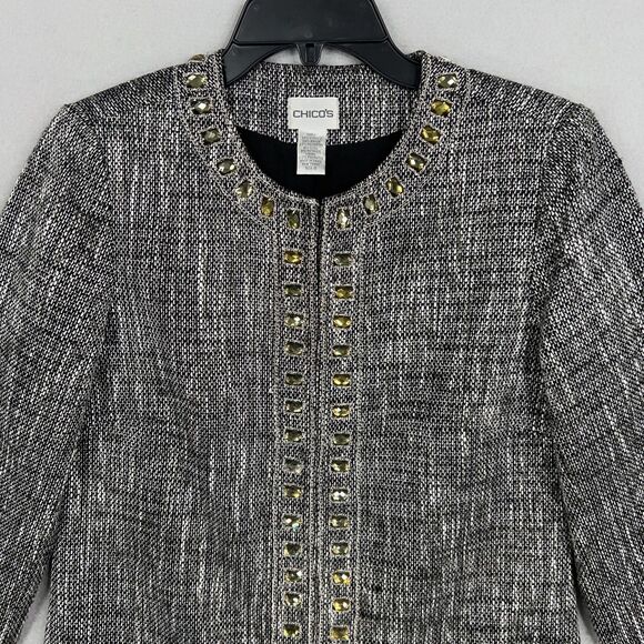 Chicos Jacket Women 0 Metallic Jewel Embellished Tweed Long Blazer Career Cruise - Picture 2 of 13